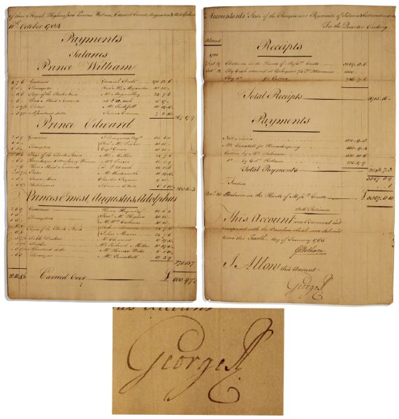 King George III 1785 Document Signed -- Interesting Document Itemizes Expenses Incurred for 5 of His 15 Royal Children -- ''Prince William / Robe, Stables, Extras...''