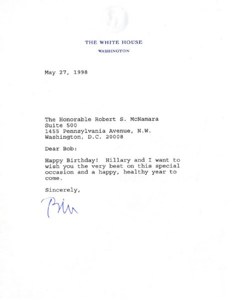 Bill Clinton Typed Letter Signed as President to Robert McNamara -- ''Dear Bob: Happy Birthday!...'' -- 1998