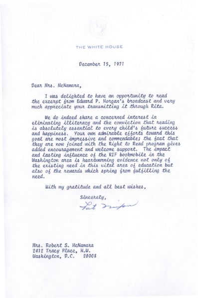 First Lady Pat Nixon Typed Letter Signed to The Wife of Defense Secretary Robert McNamara -- ''...We do indeed share a concerned interest in eliminating illiteracy...''