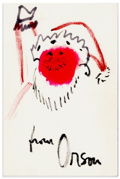 Orson Welles Signed Drawing -- What Looks to Be a Sketch of Himself as Santa Claus -- Watercolor & Ink on a Card