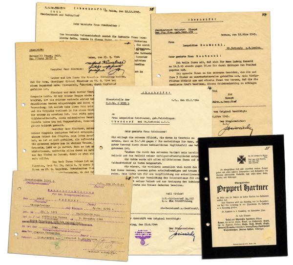 Lot of Six Nazi Documents -- Includes Letters From the Military to Families of Nazi Soldiers Who Died, Including One Who Hanged Himself & Another ''...fatally injured by falling from a cliff...''