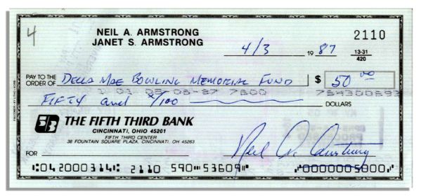 Rare ''Neil A. Armstrong'' Check Signed -- Also Made Out in Armstrong's Hand, With NASA Association