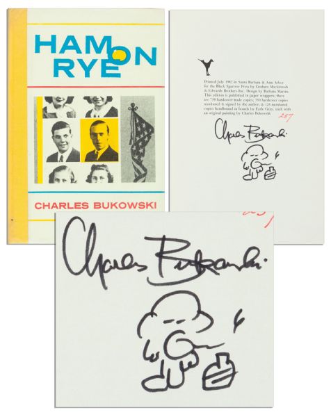 Charles Bukowski Signed First Edition of ''Ham on Rye'' -- With a Small Drawing in His Hand
