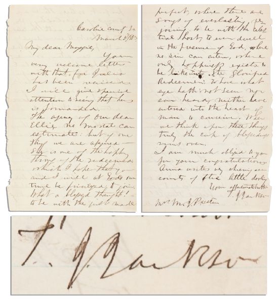 General Stonewall Jackson Autograph Letter Signed -- Scarce Letter Written in 1863, Two Months Before His Death -- ''...to ever dwell in the presence of God, where no sin can enter...''