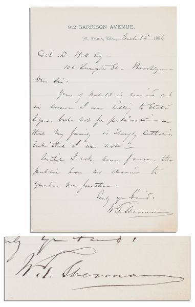 William T. Sherman Autograph Letter Signed -- ''...I am willing to State to you...that my family is Strongly Catholic, but that I am not...the public has no claim to question me further...''