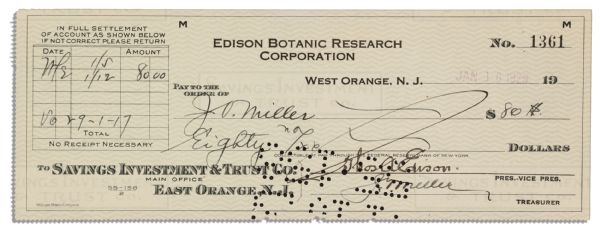 Thomas Edison Signed Check -- Dated 16 January 1929
