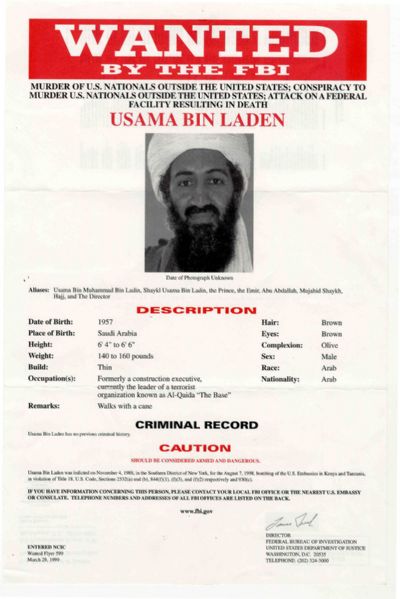 Exceptionally Rare ''Red'' Version of the Osama Bin Laden FBI Most Wanted Poster -- Before 9/11