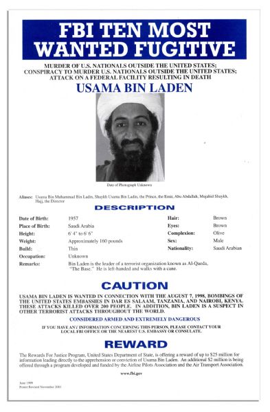 Original ''FBI Ten Most Wanted'' Poster for Osama Bin Laden