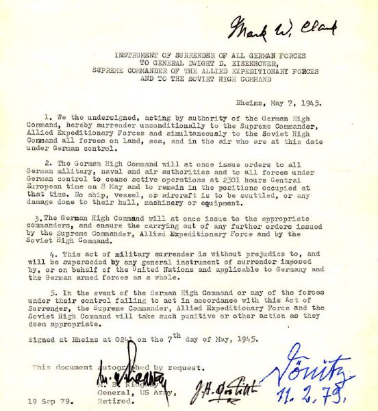 Souvenir ''Instrument of Surrender of all German Forces'' -- Signed by WWII Generals Mark W. Clark, Matthew Ridgway, Jimmy Doolittle and German Naval Commander Karl Donitz