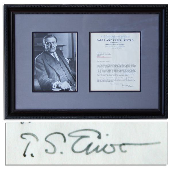 T.S. Eliot Typed Letter Signed -- ''...I wish...I could be in Paris and see the exhibition itself, but the problem of currency makes visits to Paris very difficult nowadays...''