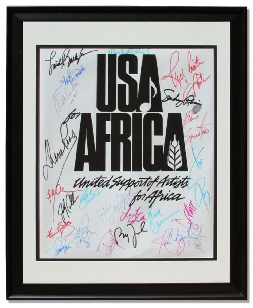 Historic ''USA For Africa'' Poster Signed by 25 Musical Artists From the 1985 Charity Single ''We Are The World'' -- Including Michael Jackson, Stevie Wonder, Dionne Warwick, Bruce Springsteen