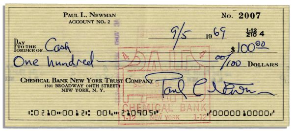 Paul Newman Signed Check From 1969 -- The Year He Starred in ''Butch Cassidy and the Sundance Kid''