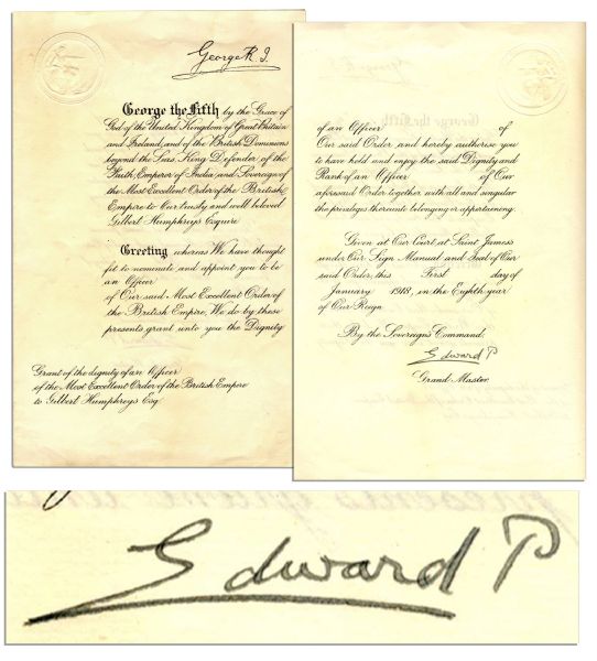 Prince Edward VIII Document Signed From 1918 -- Warrant of Appointment Inducts Officer to the Prestigious Order of the British Empire