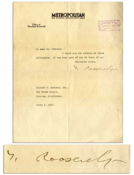 Theodore Roosevelt 1916 Typed Letter Signed -- ''...I thank you for sending me those editorials. It was very good of you to think of me...''