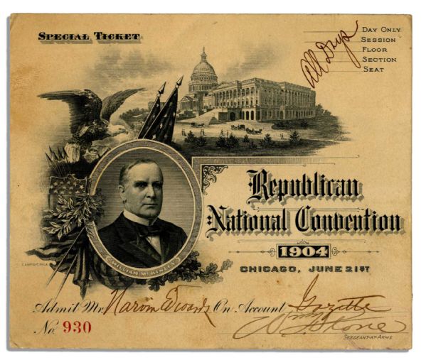 Official 1904 Republican National Convention Ticket Nominating President Theodore Roosevelt as the Republican Candidate