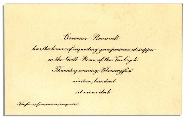 Theodore Roosevelt 1900 Dinner Invitation Sent as Governor of New York