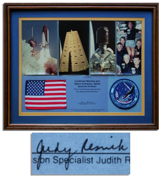 Space-Flown Flag & NASA Patch Gifted by Challenger Disaster Astronaut Judy Resnik to Colleagues at Lockheed Missiles & Space Company -- Framed With Resnik Signed COA -- Possibly Unique