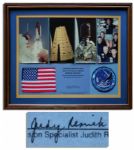Space-Flown Flag & NASA Patch Gifted by Challenger Disaster Astronaut Judy Resnik to Colleagues at Lockheed Missiles & Space Company -- Framed With Resnik Signed COA -- Possibly Unique
