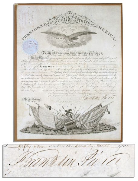Rare Document Signed by Both Franklin Pierce & Jefferson Davis -- Pierce Signs as President in 1854