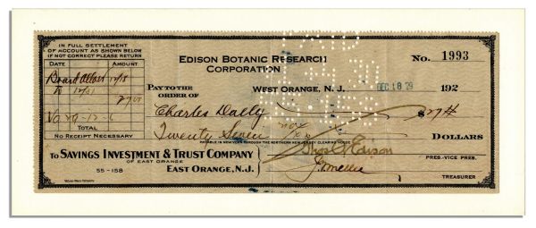Thomas Edison Signed Edison Botanic Research Corporation Check