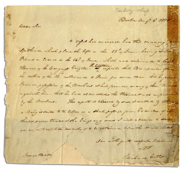 Autograph Letter Signed by President James Madison's Brother-In-Law Informing Him of Napoleon's Capture Following Waterloo -- 1815