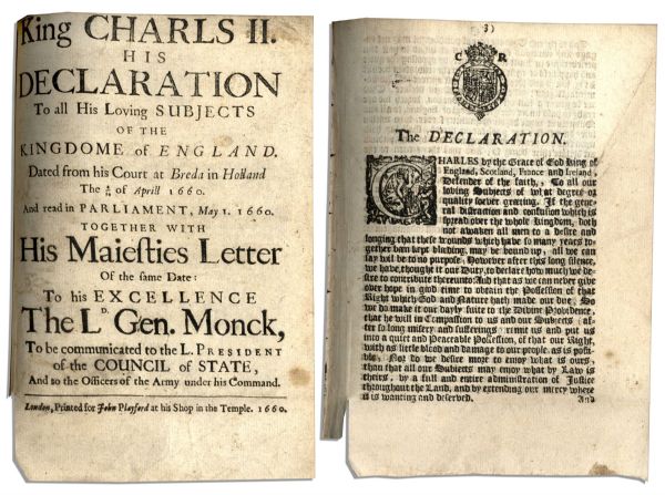 Original 1660 Printing of King Charles II's Famous Declaration of Breda -- Charles Promised to Pardon Those Who Committed Crimes During the English Civil War