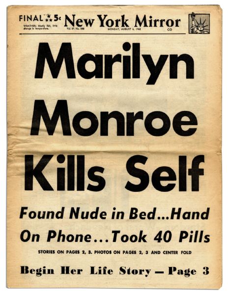 The ''New York Mirror'' Newspaper, 6 August 1962 Edition Announcing Marilyn Monroe's Suicide