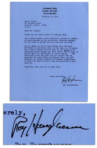 ''Jason & The Argonauts'' Visual Effects Genius Ray Harryausen Typed Letter Signed -- ''...whether he can find an outlet for his creative artistry...''