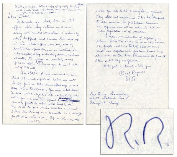 Rare 1967 Ronald Reagan Autograph Letter Signed -- ''...My bill to give union members a secret ballot lies buried in a committee on a straight party line vote...''