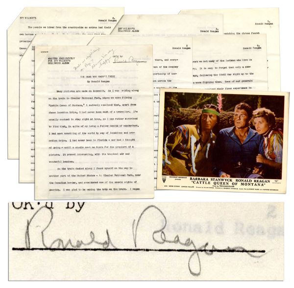 Ronald Reagan Signed Short Story About Filming ''The Cattle Queen of Montana'' With Barbara Stanwyck -- Drafted for Ivy Crane Wilson's ''Hollywood Album'' in the Mid-1950's