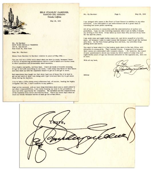 ''Perry Mason'' Author Erle Stanley Gardner Typed Letter Signed -- ''...You want to know what it is that makes male stars in the late fifties still attractive to young girls...''