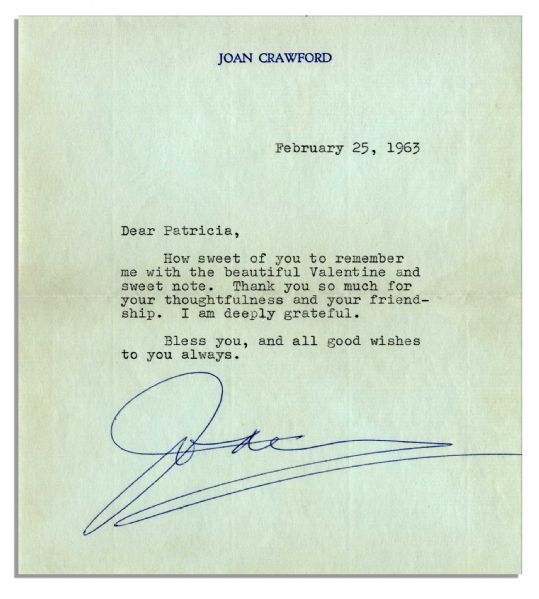 Joan Crawford Typed Letter Signed -- ''...Thank you so much for your thoughtfulness and your friendship. I am deeply grateful. Bless you...''  -- 1963