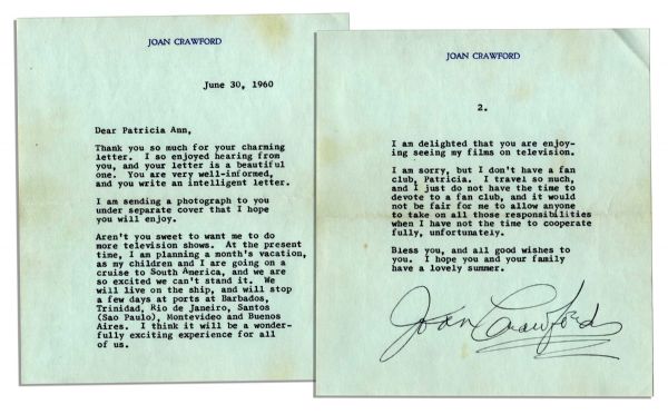 Joan Crawford Typed Letter Signed -- ''...I am sorry, but I don't have a fan club, Patricia...Aren't you sweet to want me to do more television shows...'' -- 1960