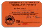 Milton Berles 1962 Golf Handicap Verification Card From Hillcrest Country Club