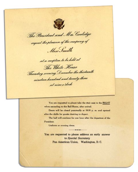 President Calvin Coolidge 1923 Invitation to the White House -- His First Year as President After Harding's Assassination