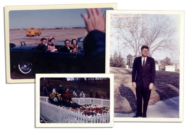 Three Snapshots of John F. Kennedy -- One of JFK in The Dallas Motorcade Immediately Preceding His Assassination, One From a Memorial & One of Him Standing on a Sidewalk -- With PSA/DNA COA