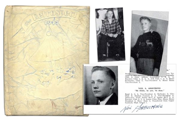 Neil Armstrong Signed 1947 Wapakoneta High School Yearbook -- With a Signed Senior Portrait & Seven Photos in Total