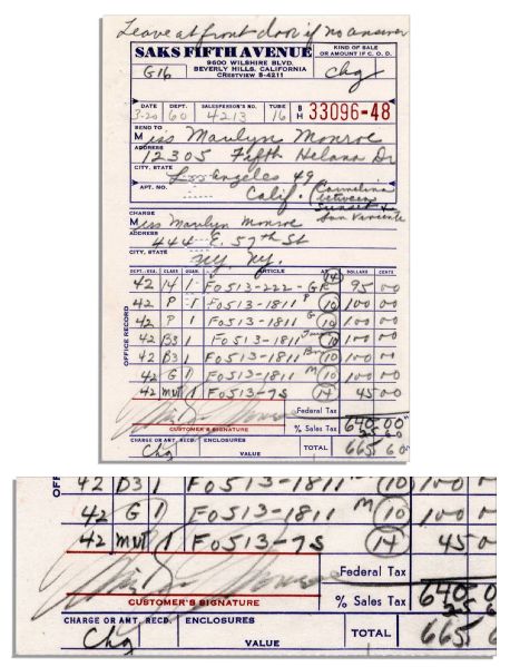 Marilyn Monroe Receipt Signed From a Saks Fifth Avenue Shopping Spree