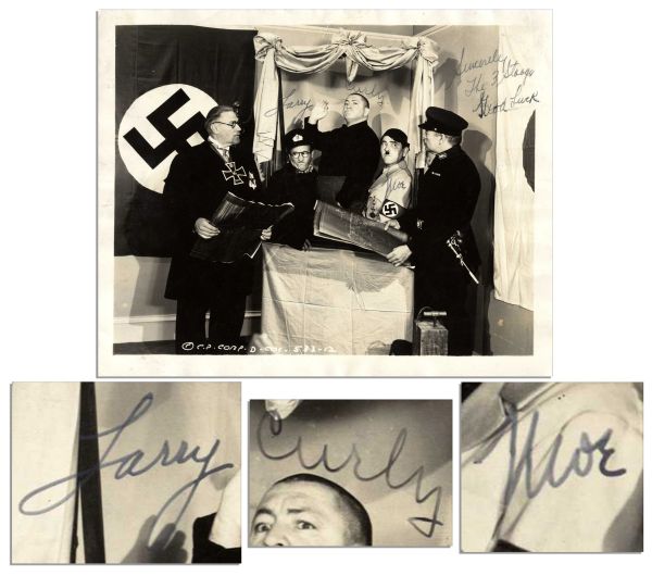 Three Stooges Signed 10'' x 8'' Photo -- Signed by Each Member of the Comedic Troupe -- Depicting a Scene From ''You Natzy Spy!'', the First Film to Parody Hitler