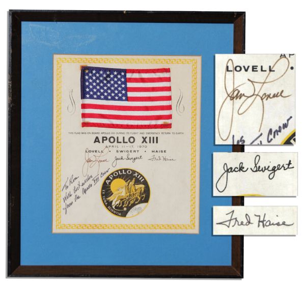Apollo 13 American Flag Space-Flown -- Affixed to an Official NASA Certificate Signed By Each Astronaut -- ''This flag was on board Apollo XIII during its flight and Emergency Return to Earth.''
