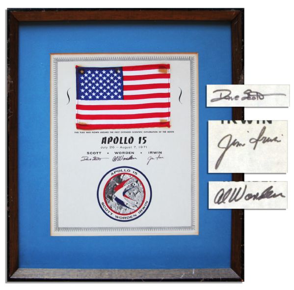 Apollo 15 Space-Flown Flag -- Affixed to an Official NASA Certificate Signed by the Crew
