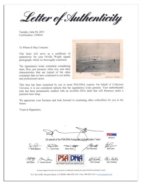 Orville Wright Signed Photo of the Wright Brothers Conducting Their First Flight at Kitty Hawk in 1903 -- With PSA/DNA COA