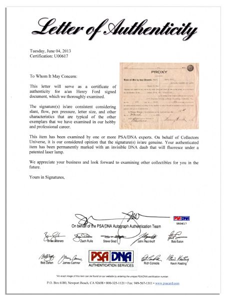 Henry Ford Document Signed Appointing a Proxy to Vote in His Place at a Stockholders' Meeting -- With PSA/DNA COA