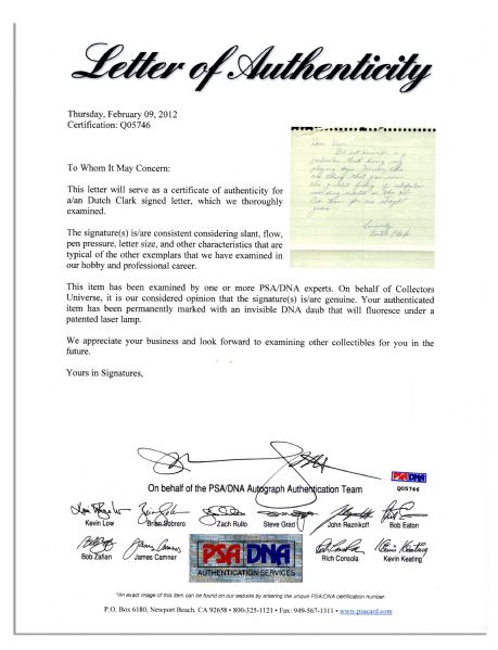 Pro Football Hall of Fame Inductee Earl ''Dutch'' Clark Autograph Letter Signed -- ''...the greatest feeling of satisfaction was being selected on the all-pro team for six straight years...'' --...