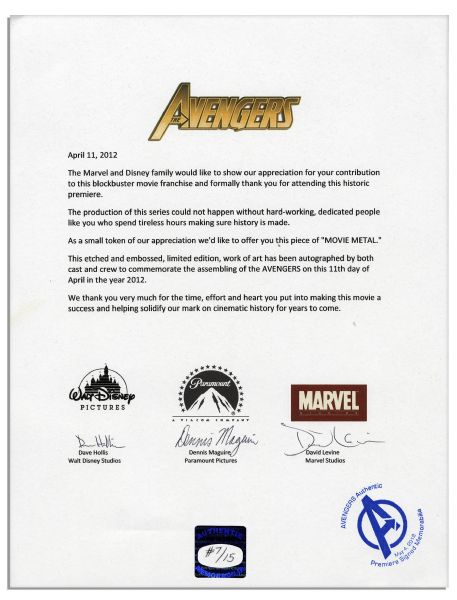 Metal Avengers Poster Signed by 14 Members of the 2012 Film's Cast, Including Robert Downey Jr., Scarlett Johansson, Samuel L. Jackson, Gwyneth Paltrow, Mark Ruffalo & Chris Hemsworth