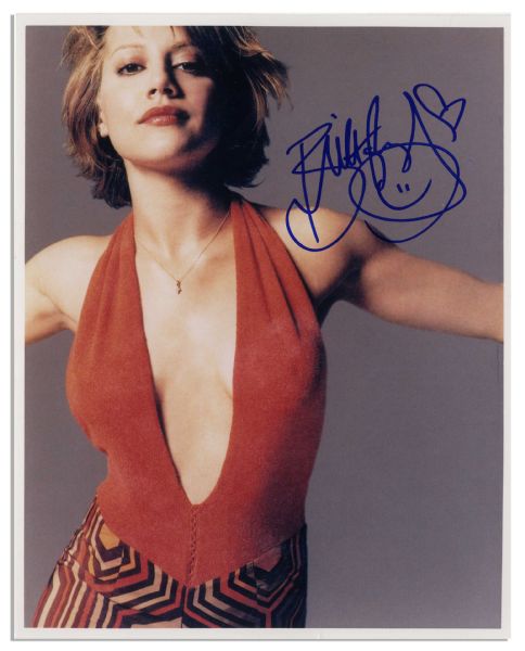 Brittany Murphy Signed 8'' x 10'' Glossy Photo -- in Blue Metallic Marker With Hearts and Smiley Face -- Near Fine -- Wehrmann COA