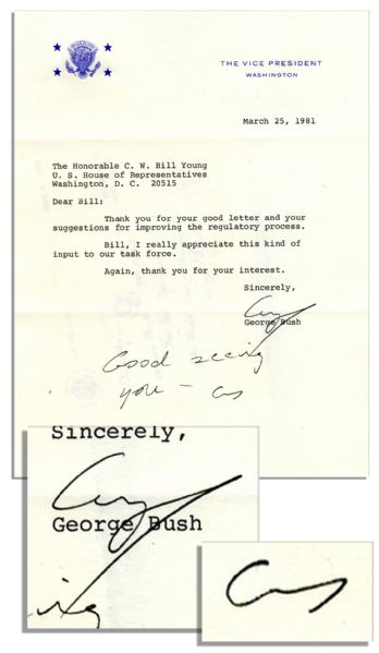 George Bush Typed Letter Signed as Vice President --  With Additional Bush Signed Autograph Notation
