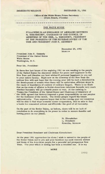 John F. Kennedy Original 1961 Press Release -- Exchange of Letters Between JFK and the Soviet Union