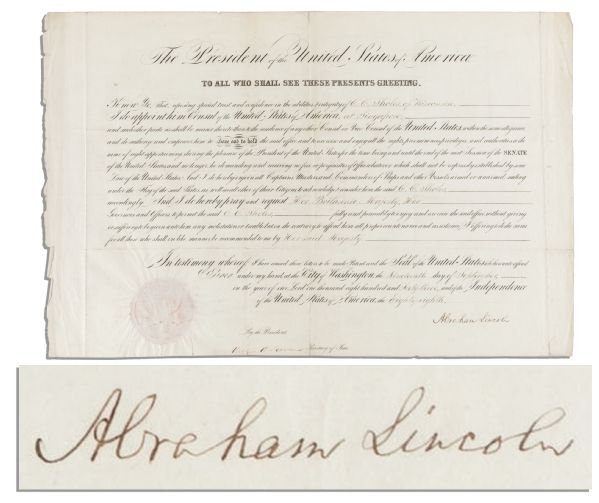 Abraham Lincoln 1863 Political Appointment Signed as President -- With Full Signature