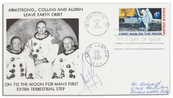 Neil Armstrong Signed Cover Featuring an Apollo 11 Crew Photo -- Cancelled in 1969
